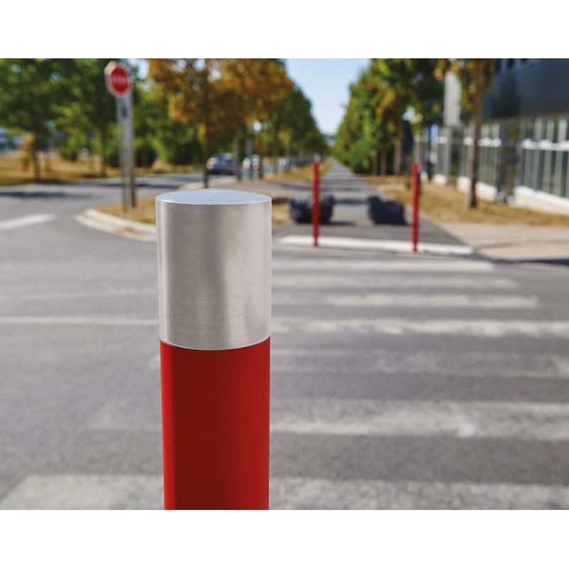 DDA compliant steel bollard with brushed stainless steel top cap