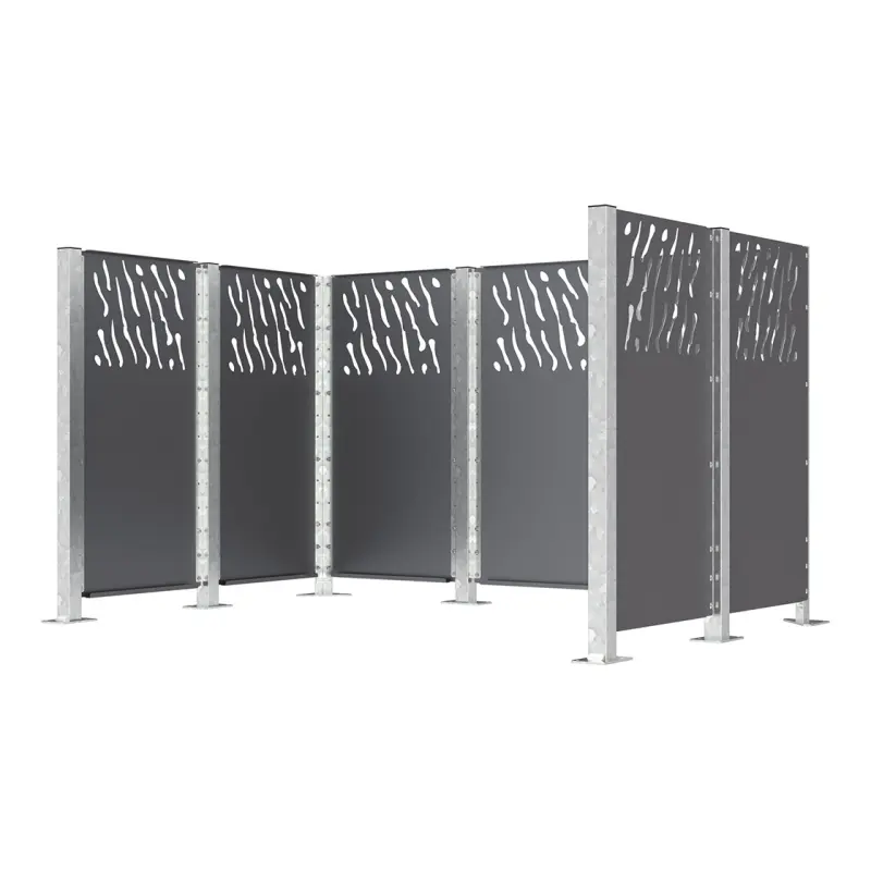 Decorative fence and wheelie bin enclosure in steel